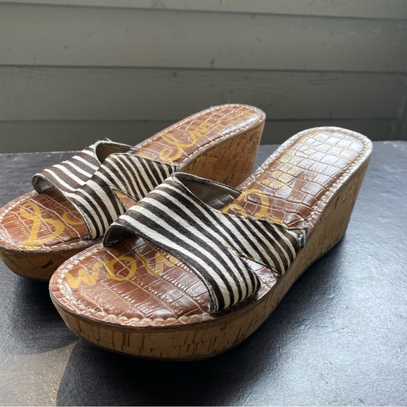 SAM EDELMAN Reid White Brown leather Cork Wedge Platform Mules Slides Sandals - Picture 10 of 13